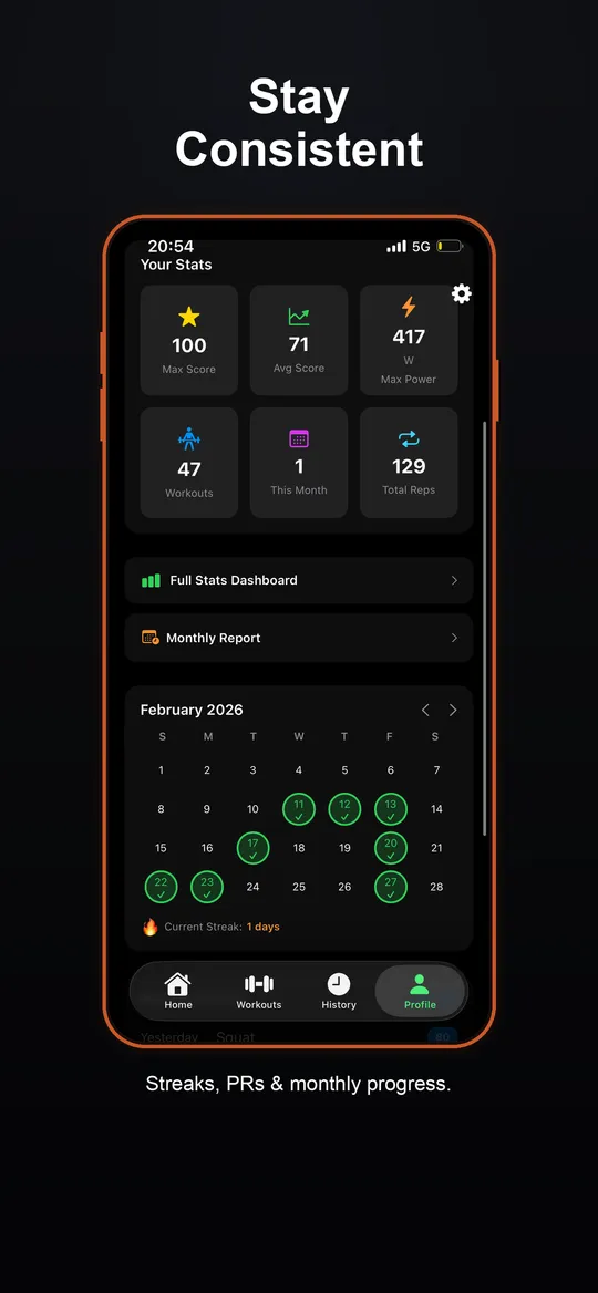 FormLens streaks, PRs and monthly progress
