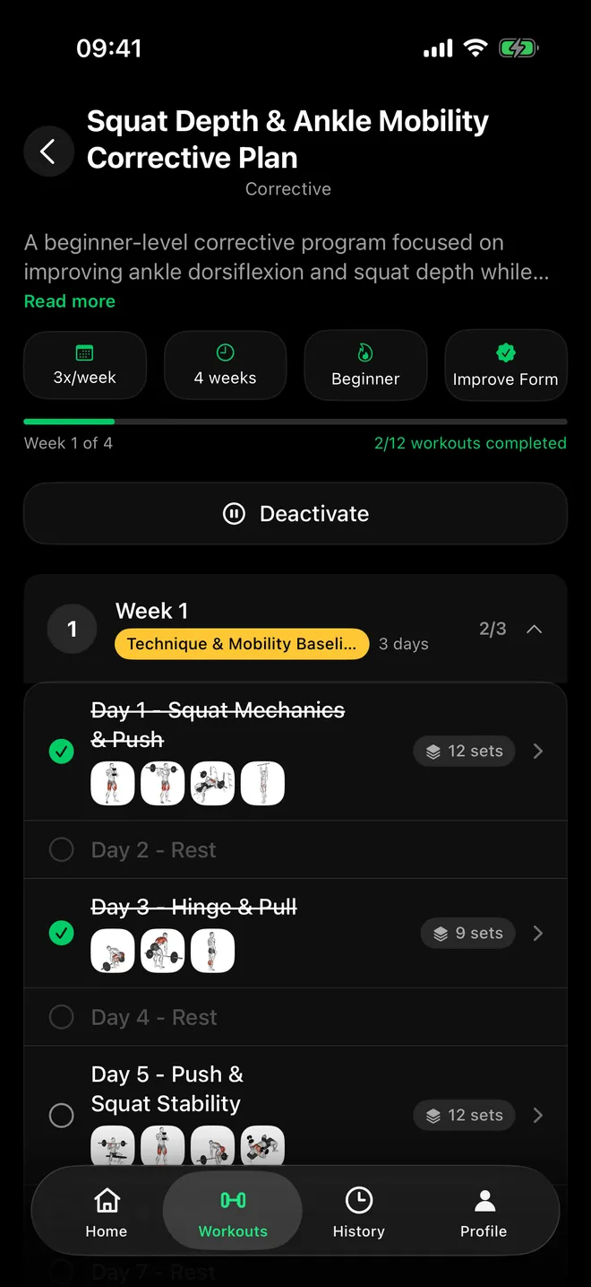 FormLens corrective plan for squat depth and ankle mobility, week 1 of 4